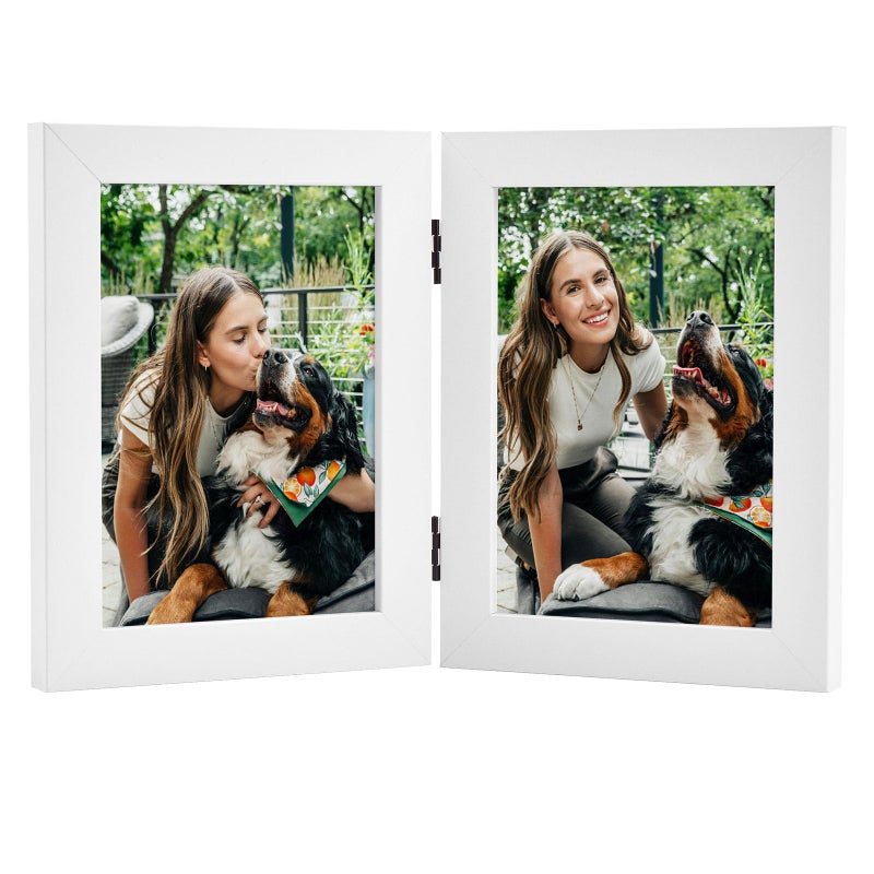 Frametory 5x7 Double Picture Frame Real Glass Hinged 2 Photos Collage Desktop Picture Frame Standing Vertical White 1 Pack