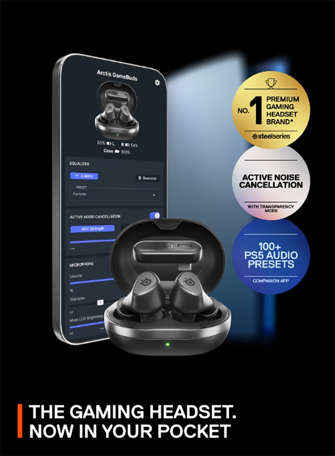 SteelSeries Arctis Gamebuds for PlayStation, Neodymium Magnetic Drivers, 4 mic Hybrid Active Noise Cancellation, Bluetooth 5.3 & Quick Switch 2.4GHz Connectivity, Up to 40 Hours, Black | 61680 - Image 2