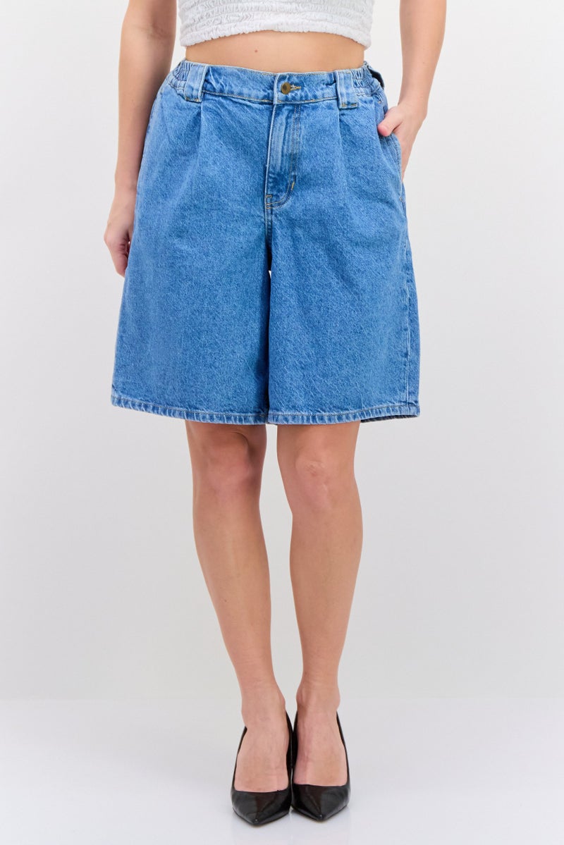 NAH/ Studio Women Regular Fit Washed Denim Shorts, Blue - Image 1