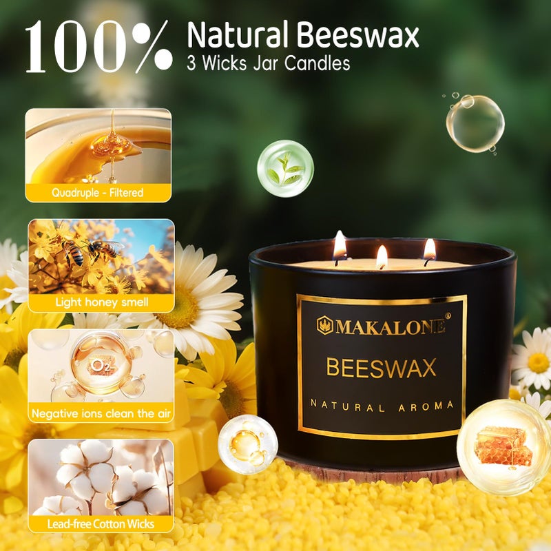 MAKALONE 3 Wick Beeswax Jar Candle - 42 Hour Long Lasting Burn,Natural Air Purifying Candle,Non-Toxic,Smokeless Beeswax Candles in Glass Jar for Home Fragrance,Yoga Relaxation & Home Decor Ambience & Gift - Image 3