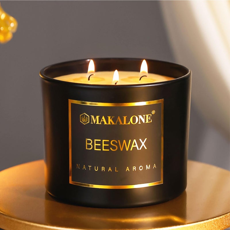 MAKALONE 3 Wick Beeswax Jar Candle - 42 Hour Long Lasting Burn,Natural Air Purifying Candle,Non-Toxic,Smokeless Beeswax Candles in Glass Jar for Home Fragrance,Yoga Relaxation & Home Decor Ambience & Gift - Image 1