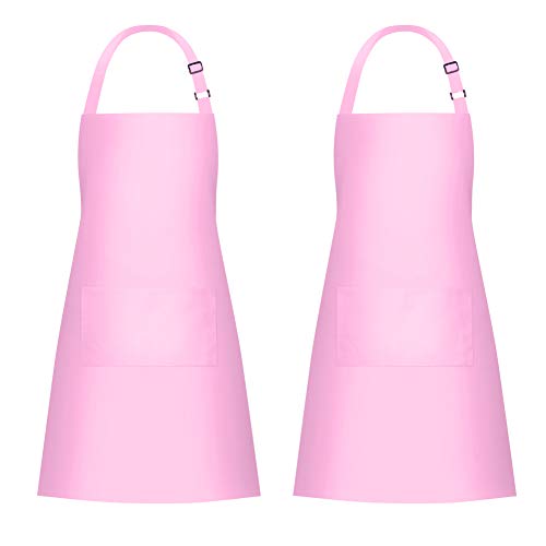Jubatus 2 Pack Bib Aprons with 2 Pockets Cooking Chef Kitchen Apron for Women Men, Pink - Image 1
