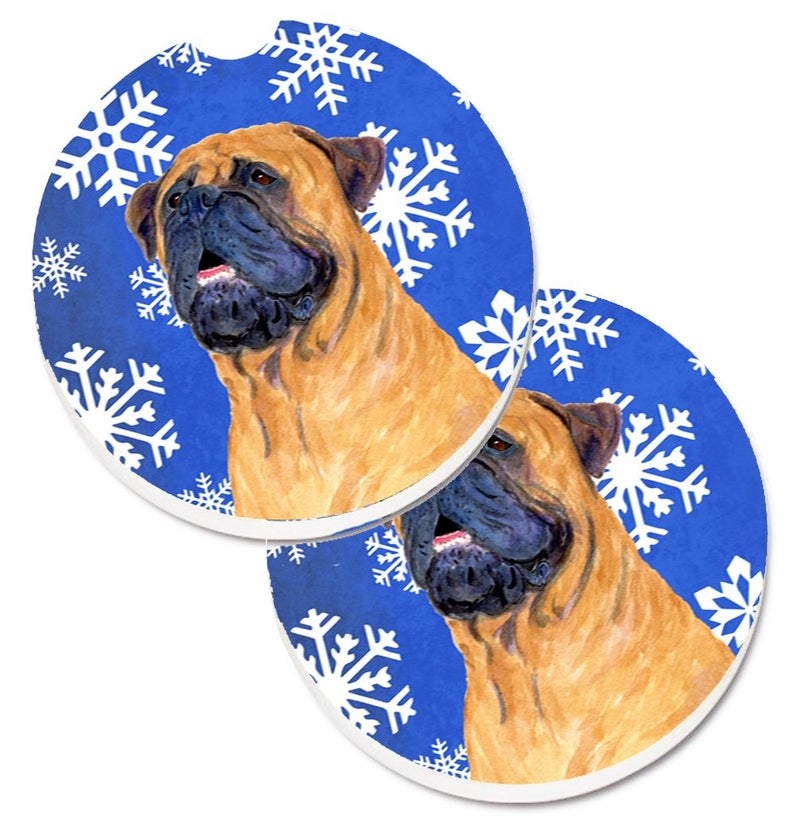 Caroline's Treasures SS4658CARC Mastiff Winter Snowflakes Holiday Set of 2 Cup Holder Car Coasters Absorbent Sandstone Coasters for Car Cup Holders Gifts for Men or Women  Large  Multicolor