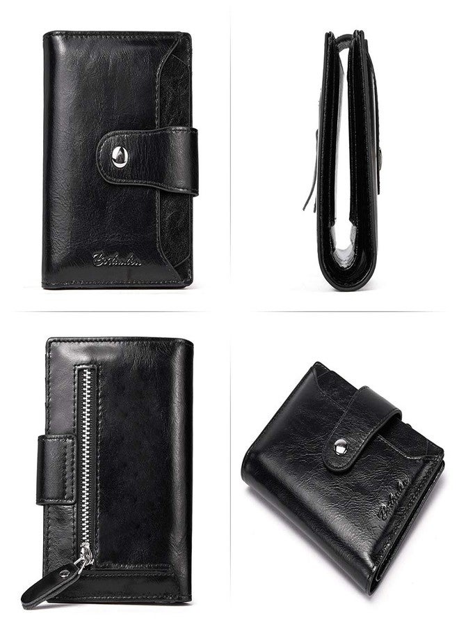 BOSTANTEN Women Leather Wallet RFID Blocking Small Bifold Zipper Pocket Wallet Card Case Purse with ID Window, 1-black, small 4.72" x 3.93" x 0.78", Rfid Wallet - Image 3