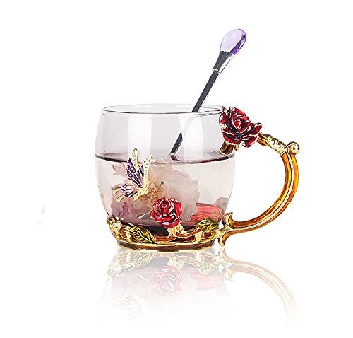 Bestbling Creative Handmade Enamel Home Decration Enamel Flower Crystal Glass Coffee Tea Water Cup 32CL Rose Red - Image 1