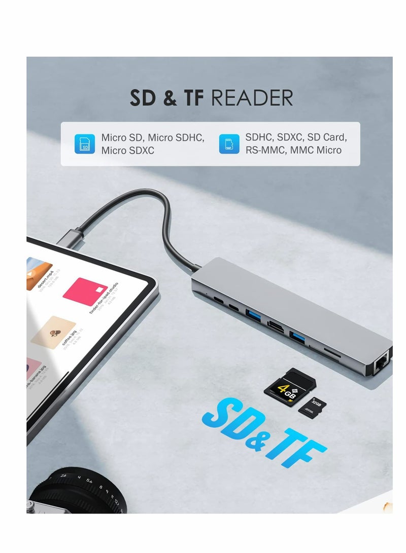 كابتن تيك محطة إرساء 8 في 1 USB C ، محول USB C Hub متعدد المنافذ مع 4K HDMI ، توصيل طاقة 100 وات ، USB-C ، إيثرنت ، 2 USB ، قارئ بطاقات SD / TF متوافق مع MacBook Pro XPS والمزيد من أجهزة Type C - Image 3