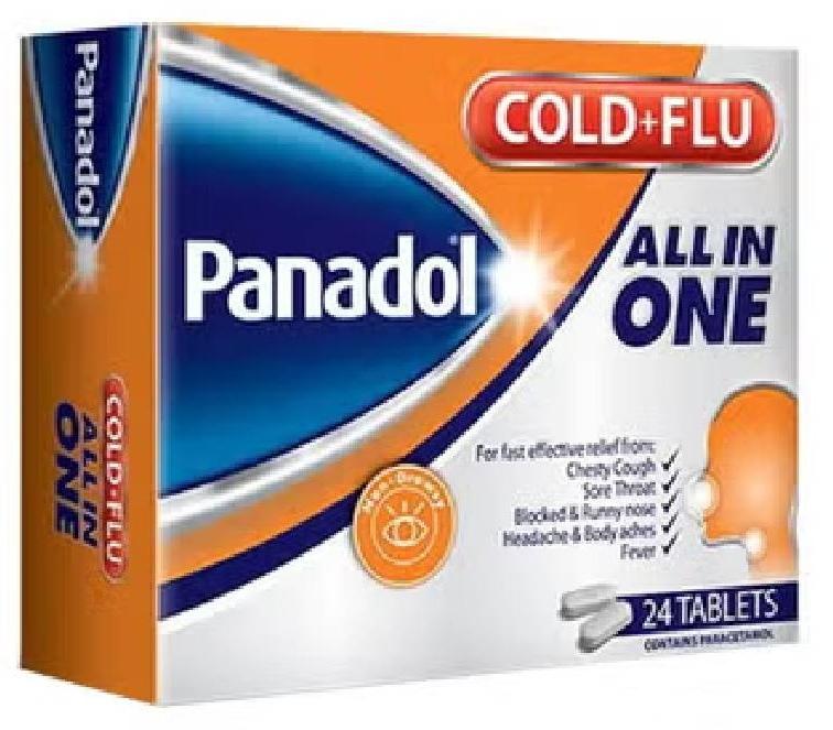 Panadol Cold and Flu All in One Chesty Cough Sore Throat Blocked and Runny Nose Body Pain Headache Fever Paracetamol 24 Tablet