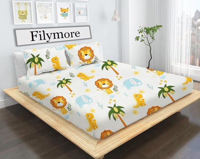 CUTE LION DOUBLE BED SHEET FOR QUEEN SIZE BED WITH 2 PILLOW COVERS FOR KIDS BEDROOM 240 TC MADE WITH PURE MICROFIBER COLOR BLUE AND YELLOW 90X90 INCHES