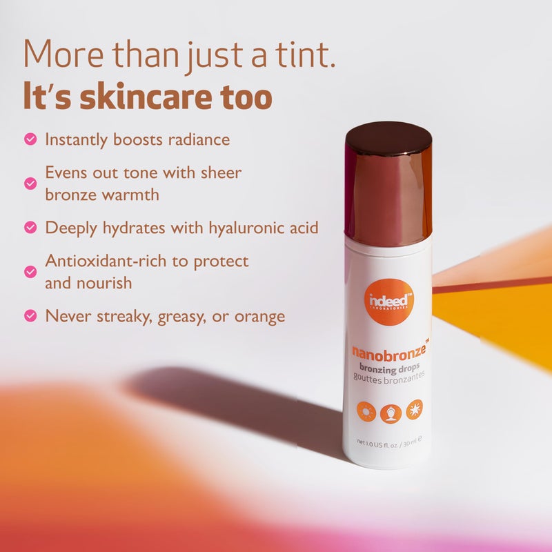 Indeed Labs Nanobronze Bronzing Drops | Face & Body Self Tanner for Pale Skin | Easy Self Tanner with Hyaluronic Acid, Pea, Cacao, & Giant Kelp Extracts | Fragrance-Free, Natural Tan, (1 Fl Oz) - Image 3