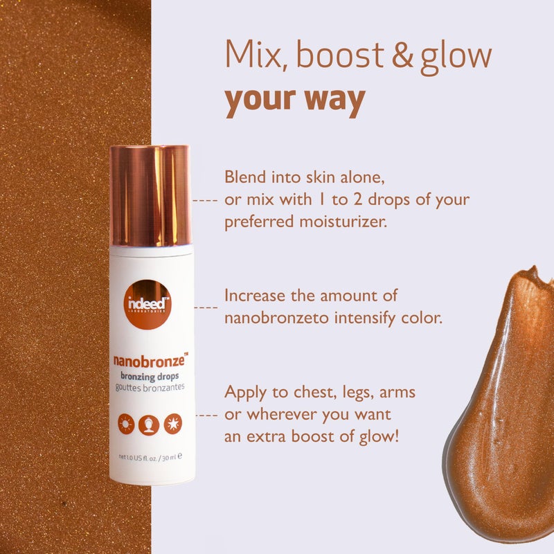 Indeed Labs Nanobronze Bronzing Drops | Face & Body Self Tanner for Pale Skin | Easy Self Tanner with Hyaluronic Acid, Pea, Cacao, & Giant Kelp Extracts | Fragrance-Free, Natural Tan, (1 Fl Oz) - Image 4