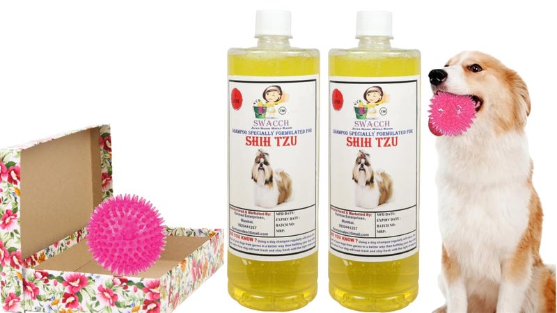 swacch Shampoo | Puppy Safe Shampoo | PH Balanced | Ditch to Itch for Shih Tzu Dog Shampoo 2 Litre (Lemon) + Spike Ball Chew Toy Combo Pack - Image 1