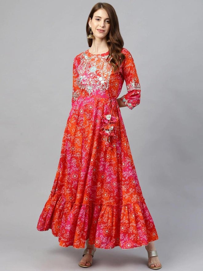 آي شين إيشين كورتا أناركالي مطرز بطبعة حمراء للنساء - Image 5