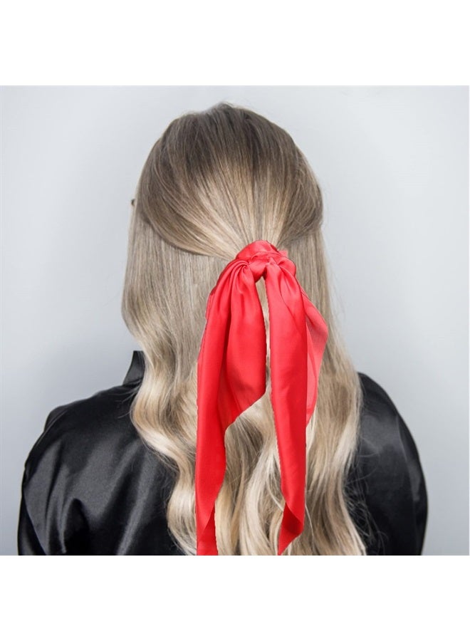 Pack of 2 Knotted Bow Hair Scrunchies Elastic Hair Scarf Black Hair Ties Bands Satin Hair Ribbon Scrunchy Red Ponytail Holder for Women and Girls (Red)