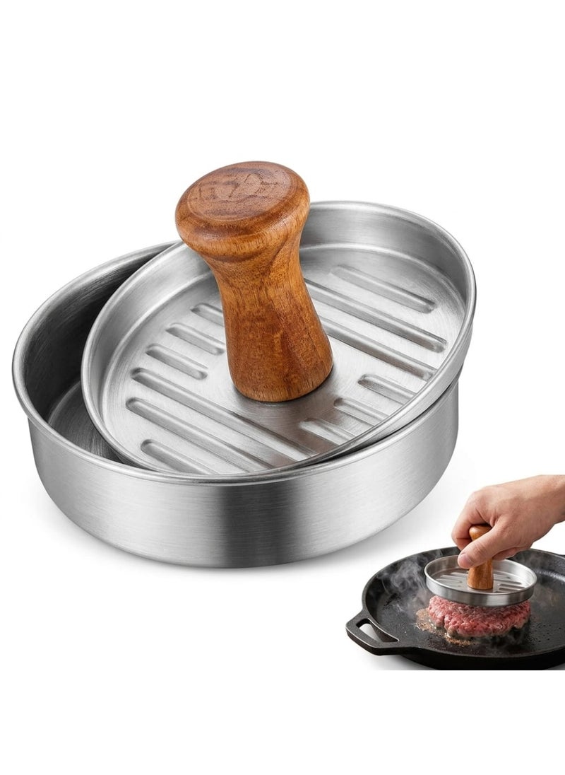 Stainless Steel Burger Press with Wood Handle, Diameter Patty Maker, Manual Burger Mold for Grilling and Home Cooking - Silver and Brown - Image 1