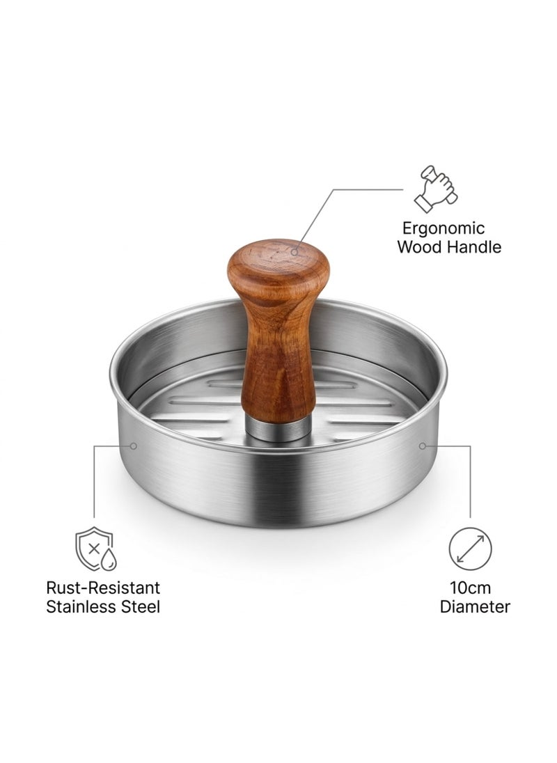 Stainless Steel Burger Press with Wood Handle, Diameter Patty Maker, Manual Burger Mold for Grilling and Home Cooking - Silver and Brown - Image 2