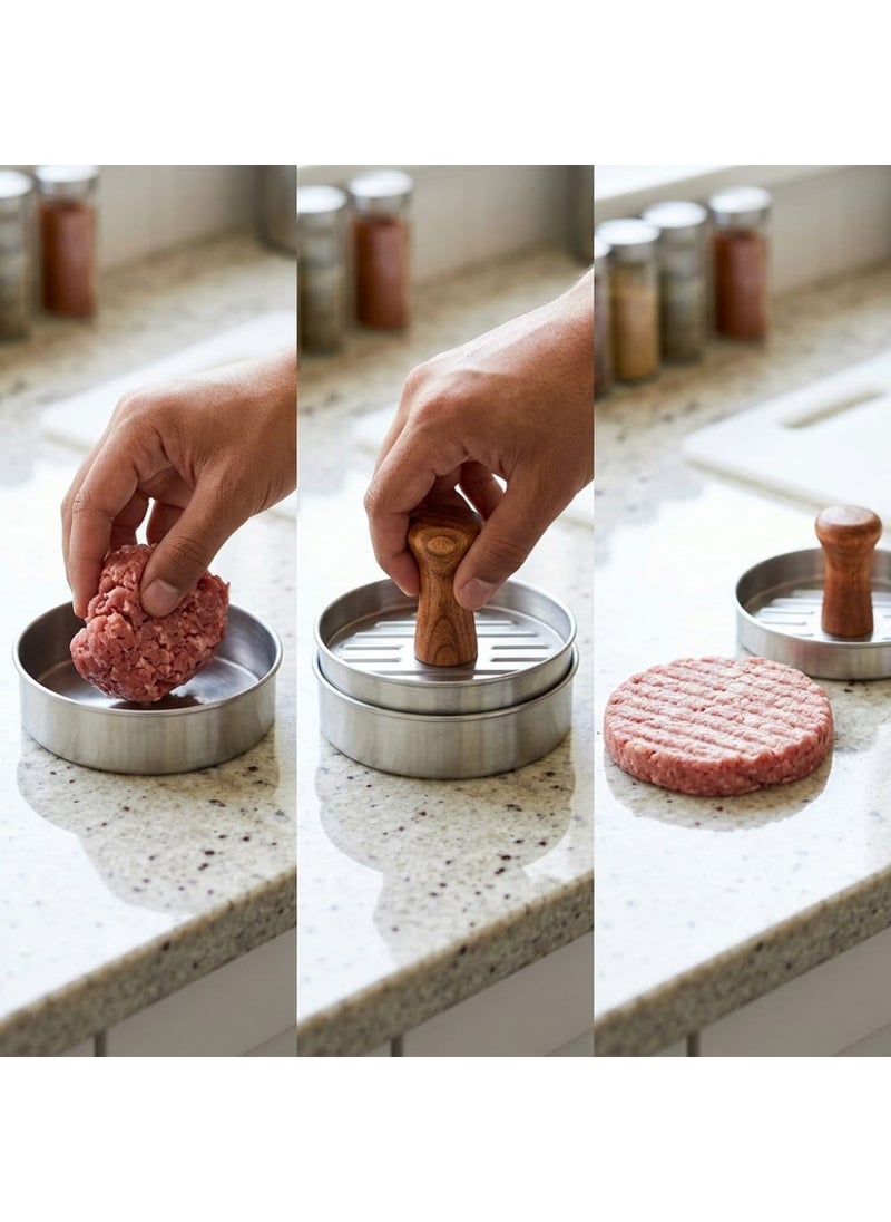 Stainless Steel Burger Press with Wood Handle, Diameter Patty Maker, Manual Burger Mold for Grilling and Home Cooking - Silver and Brown - Image 5