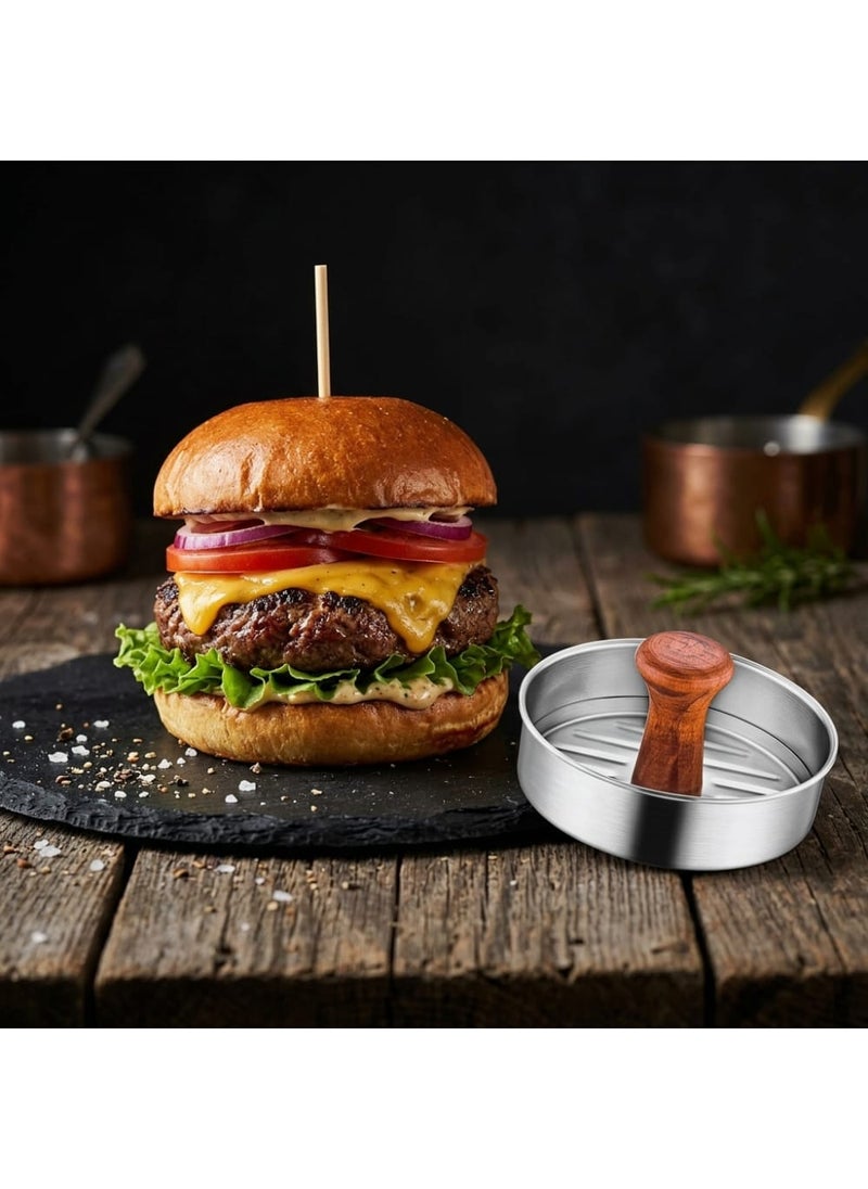 Stainless Steel Burger Press with Wood Handle, Diameter Patty Maker, Manual Burger Mold for Grilling and Home Cooking - Silver and Brown - Image 4