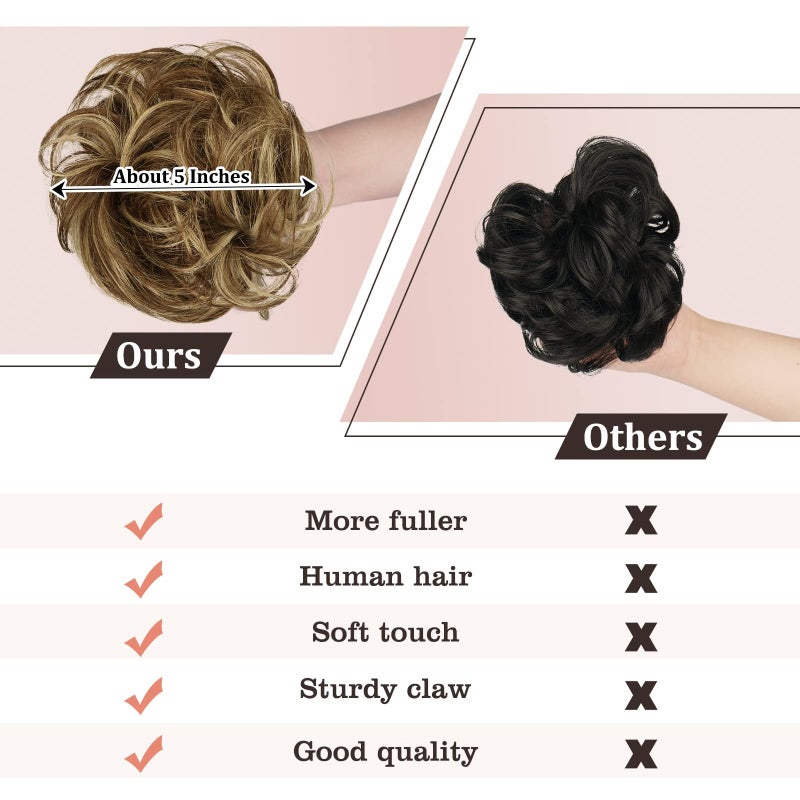 RUWISS Claw Clip Messy Bun Hair Piece Real Human Hair Buns Wavy Curly Chignon Hair Bun Extensions Tousled Updo Hair Buns Claw Clip Ponytail Hairpieces - Brown with Blonde Highlights - Image 3