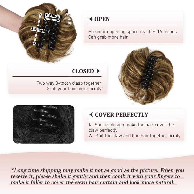 RUWISS Claw Clip Messy Bun Hair Piece Real Human Hair Buns Wavy Curly Chignon Hair Bun Extensions Tousled Updo Hair Buns Claw Clip Ponytail Hairpieces - Brown with Blonde Highlights - Image 5