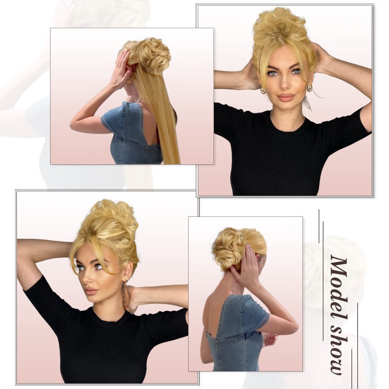 RUWISS Claw Clip Messy Bun Hair Piece Real Human Hair Buns Wavy Curly Chignon Hair Bun Extensions Tousled Updo Hair Buns Claw Clip Ponytail Hairpieces - Brown with Blonde Highlights - Image 2