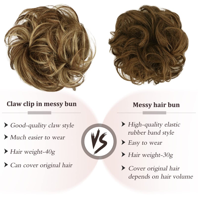 RUWISS Claw Clip Messy Bun Hair Piece Real Human Hair Buns Wavy Curly Chignon Hair Bun Extensions Tousled Updo Hair Buns Claw Clip Ponytail Hairpieces - Brown with Blonde Highlights - Image 4