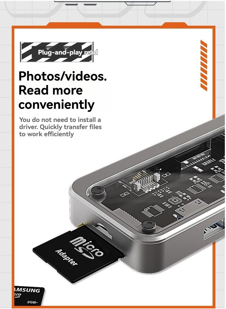 Transparent 8-in-1 USB-C Hub – HDMI, RJ45 Ethernet, USB 3.0/2.0, SD/TF, PD Charging | Compact Laptop Dock