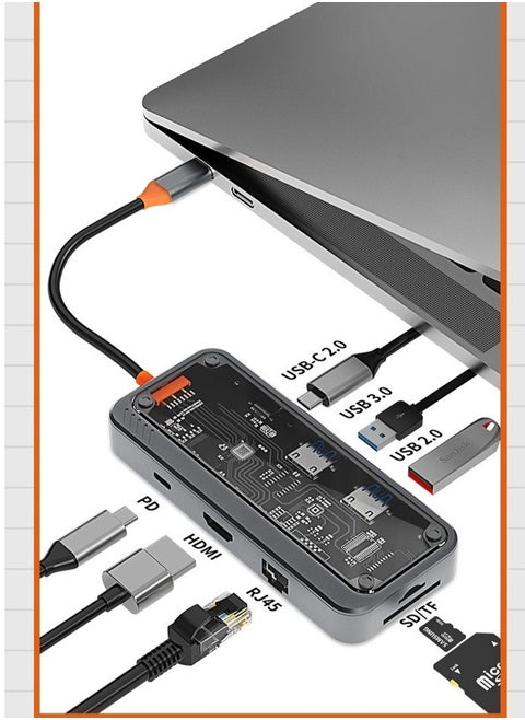Transparent 8-in-1 USB-C Hub – HDMI, RJ45 Ethernet, USB 3.0/2.0, SD/TF, PD Charging | Compact Laptop Dock