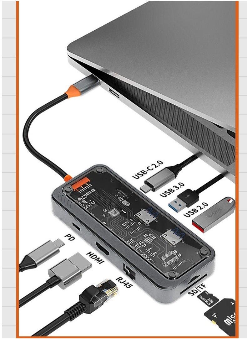 M MIAOYAN Transparent 8-in-1 USB-C Hub – HDMI, RJ45 Ethernet, USB 3.0/2.0, SD/TF, PD Charging | Compact Laptop Dock  - Image 1