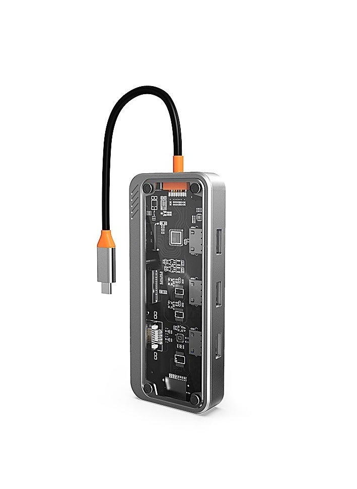 Transparent 8-in-1 USB-C Hub – HDMI, RJ45 Ethernet, USB 3.0/2.0, SD/TF, PD Charging | Compact Laptop Dock