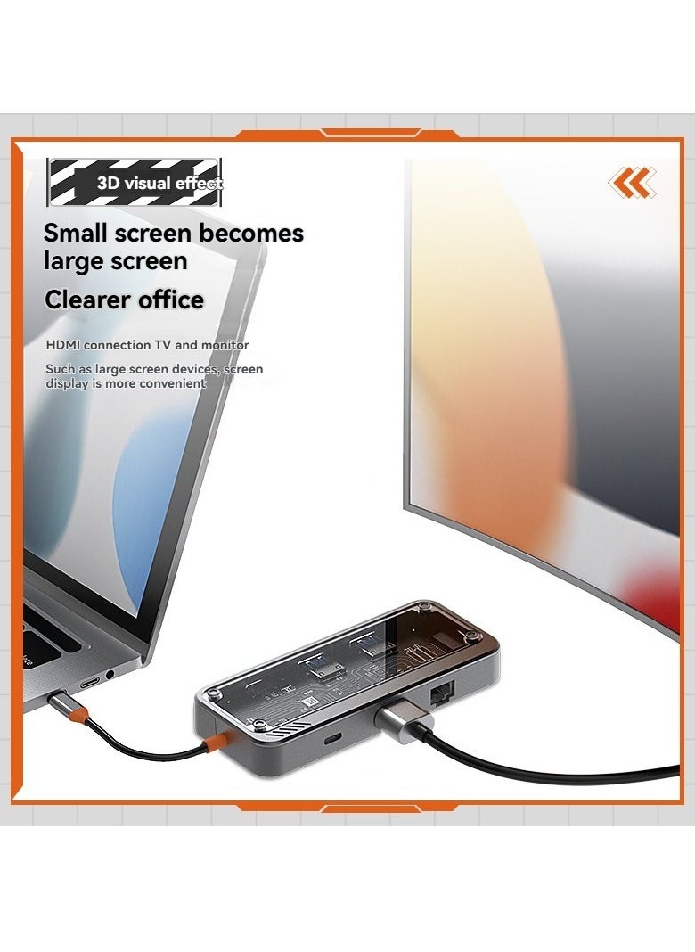 Transparent 8-in-1 USB-C Hub – HDMI, RJ45 Ethernet, USB 3.0/2.0, SD/TF, PD Charging | Compact Laptop Dock