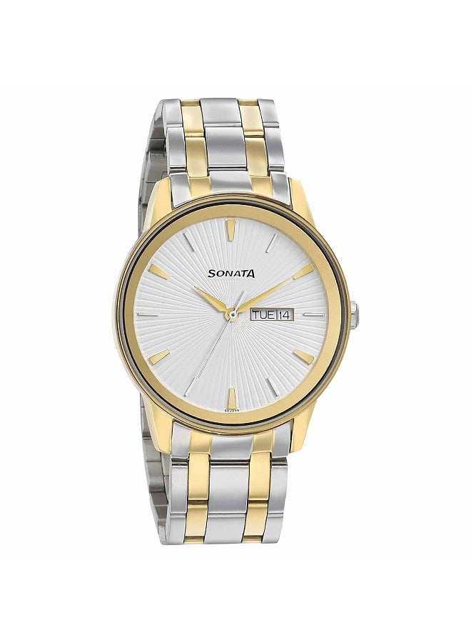 Sonata Quartz Analog with Day and Date Silver Dial Bimetal Strap Watch for Men - Image 1