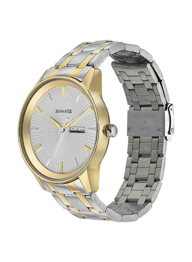 Sonata Quartz Analog with Day and Date Silver Dial Bimetal Strap Watch for Men - Image 2