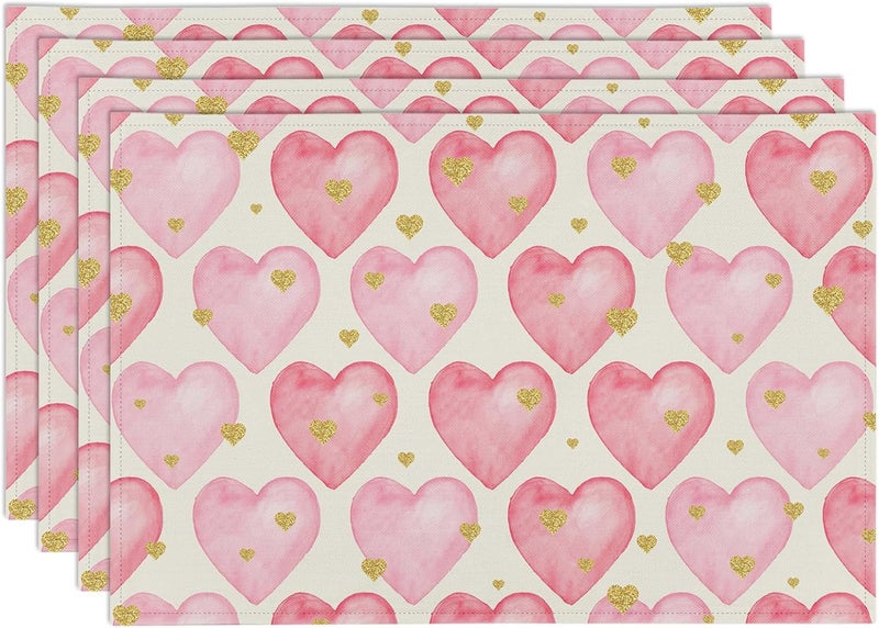 Farg Mothers Day Placemats Pink Hearts Place mats Set of 4 Washable Valentines Placemat 12 x 18 Inches Anniversary Wedding Holiday Seasonal Dining Table Mats Indoor for Kitchen Table - Image 1