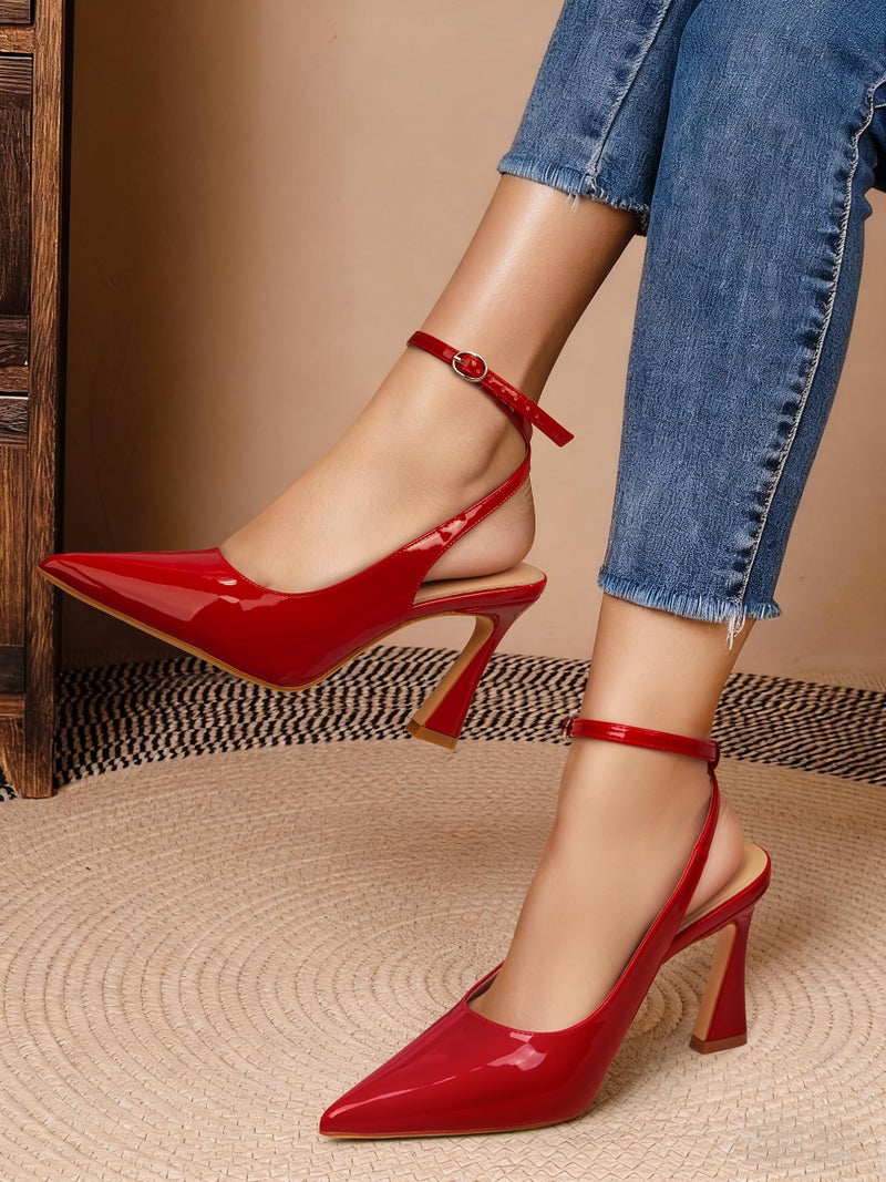 PARTY Womens Pointed Closed Toe Heels Stiletto Slingback High Heel for Women Dressy Pumps for Wedding and Office Work or Going Out,RED Patent-7 - Image 2