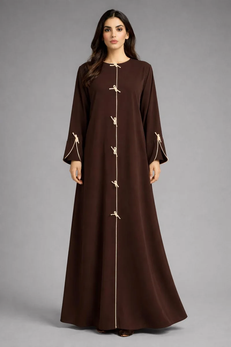 MSquare Fashion Brown Korean Nida Abaya | Luxury Modest Wear with Contrast Piping