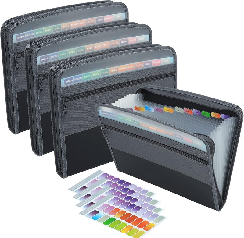 Nafy Expanding File Folders, 13 Pockets Document Organizer with Zipper, A4 Letter Size Portable Accordion Expanding File Folders with Multicolor Labels for Home Office School Supplies (Black 4 Pack) - Image 1
