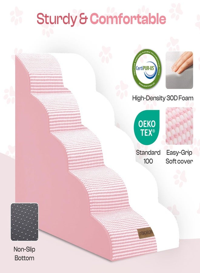 Miorun Curved Dog Stairs for High Bed Up to 26", 5-Step Dog Ramp for Small Dogs with Washable Cover, Non-Slip Steps for Cats to Get on Couch and Sofa, Durable Foam Ladder for Medium Breeds, White Pink - Image 2