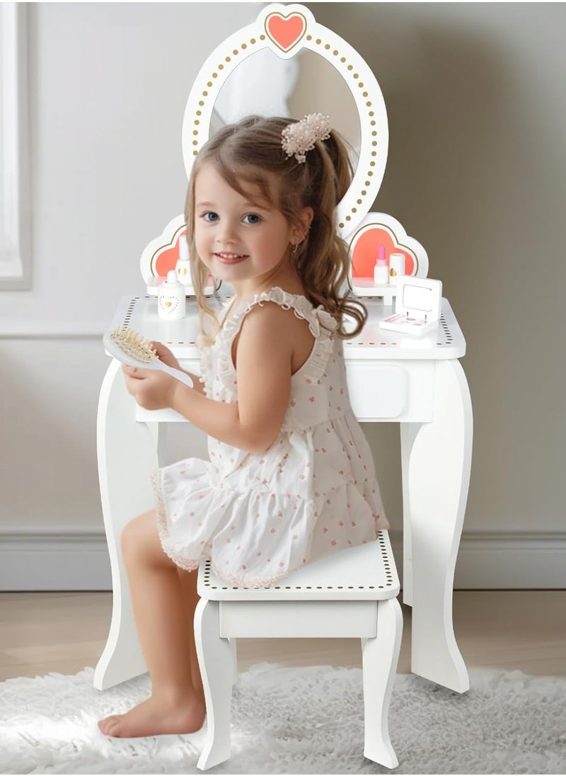 MaBaby - Pretend Toy Wooden makeup toys Kids Vanity Set with Mirror and Stool, Beauty Makeup Vanity Table and Chair Set for Toddlers and Kids - Image 1