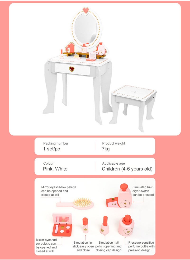 MaBaby - Pretend Toy Wooden makeup toys Kids Vanity Set with Mirror and Stool, Beauty Makeup Vanity Table and Chair Set for Toddlers and Kids - Image 1