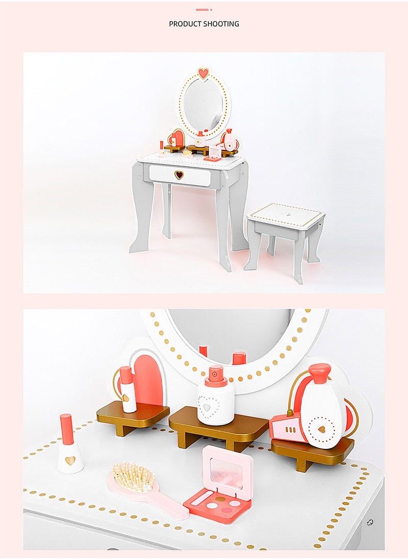 MaBaby - Pretend Toy Wooden makeup toys Kids Vanity Set with Mirror and Stool, Beauty Makeup Vanity Table and Chair Set for Toddlers and Kids - Image 1