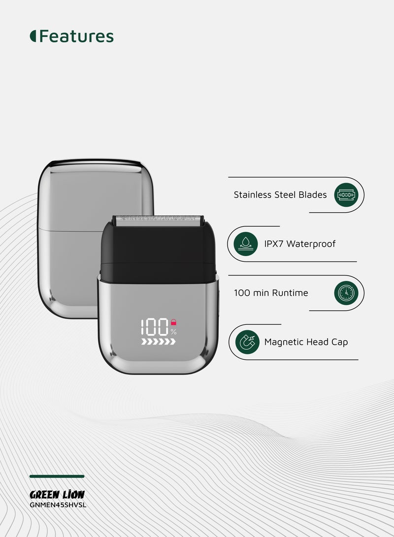 GREEN LION Men's Shaver X Wet and Dry Use with Stainless Steel Blade & 7500 RPM Motor / 100 Min Runtime / Magnetic Head Cap / Type-C Charging / IPX7 Waterproof / Travel Lock / Digital Display / 5W Power - Silver - Image 2