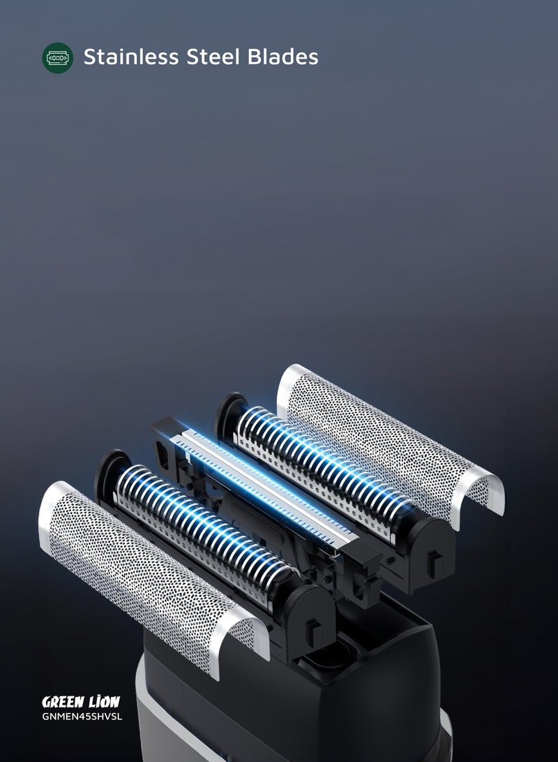GREEN LION Men's Shaver X Wet and Dry Use with Stainless Steel Blade & 7500 RPM Motor / 100 Min Runtime / Magnetic Head Cap / Type-C Charging / IPX7 Waterproof / Travel Lock / Digital Display / 5W Power - Silver - Image 3