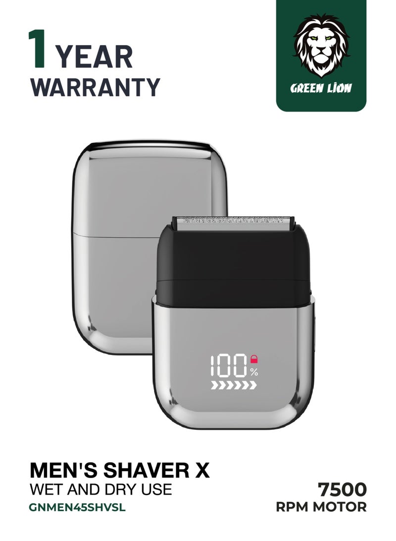 GREEN LION Men's Shaver X Wet and Dry Use with Stainless Steel Blade & 7500 RPM Motor / 100 Min Runtime / Magnetic Head Cap / Type-C Charging / IPX7 Waterproof / Travel Lock / Digital Display / 5W Power - Silver - Image 1
