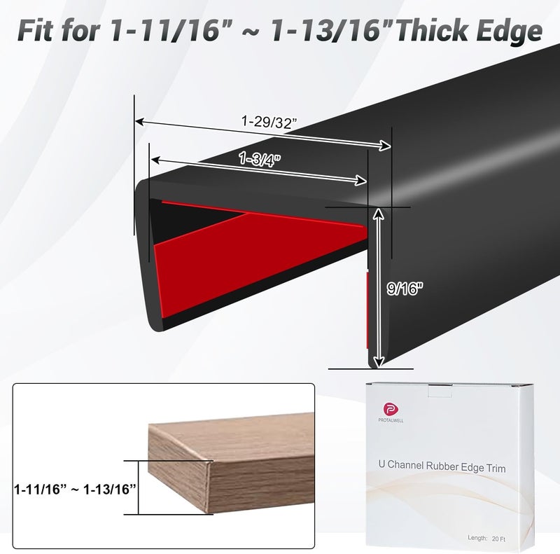 Protalwell Rubber Edge Trim, 1-3/4 inch (45mm) Wide U Channel Edge Trim, Big Size U Shaped Trim, Self Adhesive Edge Banding for Plywood, Woods,Interior Doors, Countertop, Length 20Ft, Black - Image 2