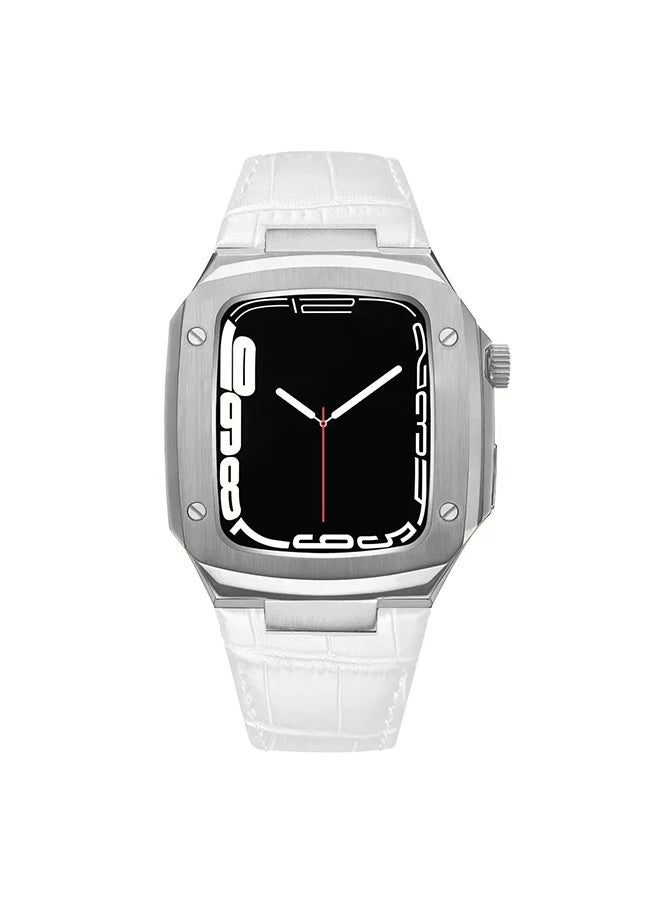 O Ozone Stainless Steel Case with Genuine Leather Watch Band For Apple Watch 44mm 45mm, Luxury Metal Protective Bumper Cover for Men- White