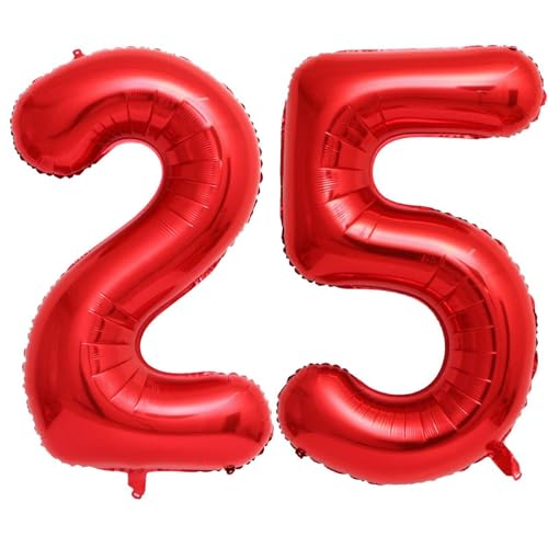 Lovoir بالونات رقم 25 حمراء 40 بوصة بالونات عملاقة رقم 25 بالونات فويل مايلار هيليوم بالونات رقم حمراء لاحتفالات عيد الميلاد الخامس والعشرين لوازم الحفلات احتفالات الذكرى الزفاف الزينة - Image 1