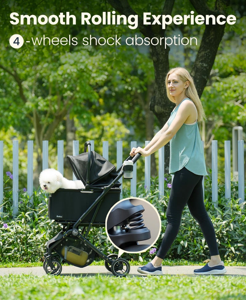 Pawccoli 4 Wheels Pet Stroller, Dog Stroller for Small/Medium Dogs and Cats up to 33 lbs, One-Click Fold & Draggable, Removable Carrier, Zipperless Entry, Mesh Windows, Black - Image 2