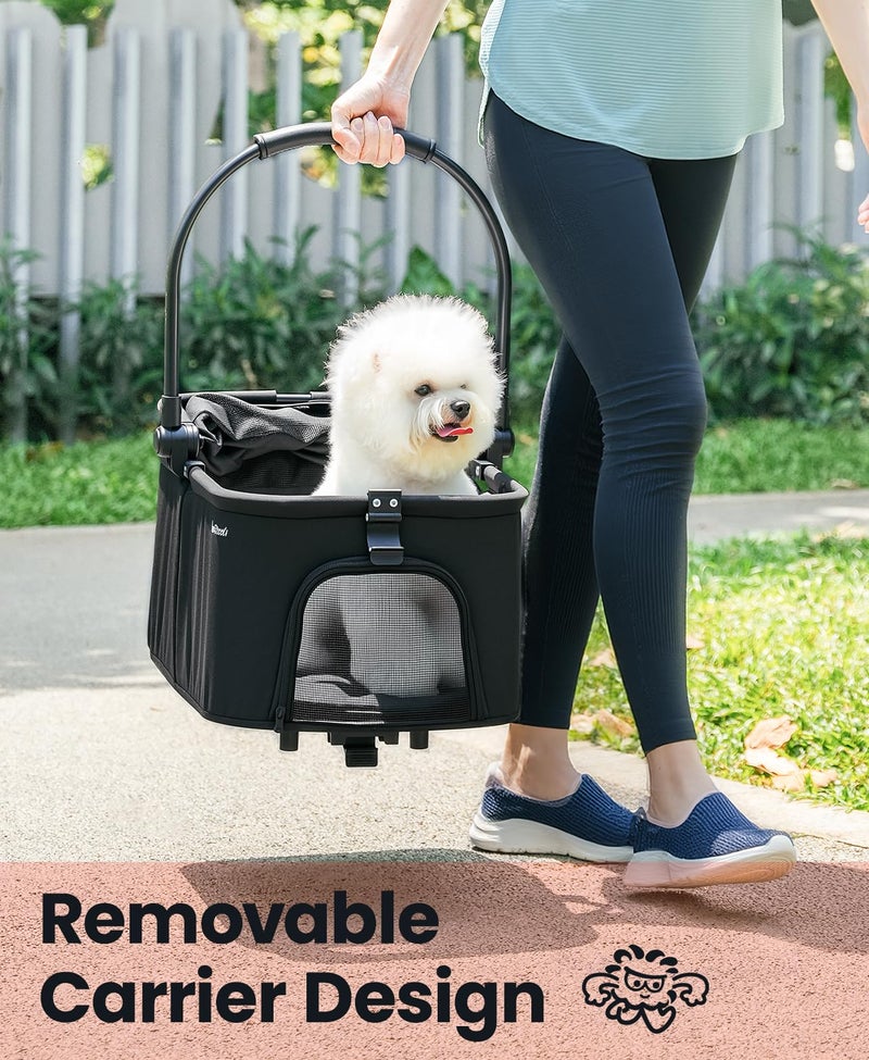 Pawccoli 4 Wheels Pet Stroller, Dog Stroller for Small/Medium Dogs and Cats up to 33 lbs, One-Click Fold & Draggable, Removable Carrier, Zipperless Entry, Mesh Windows, Black - Image 4