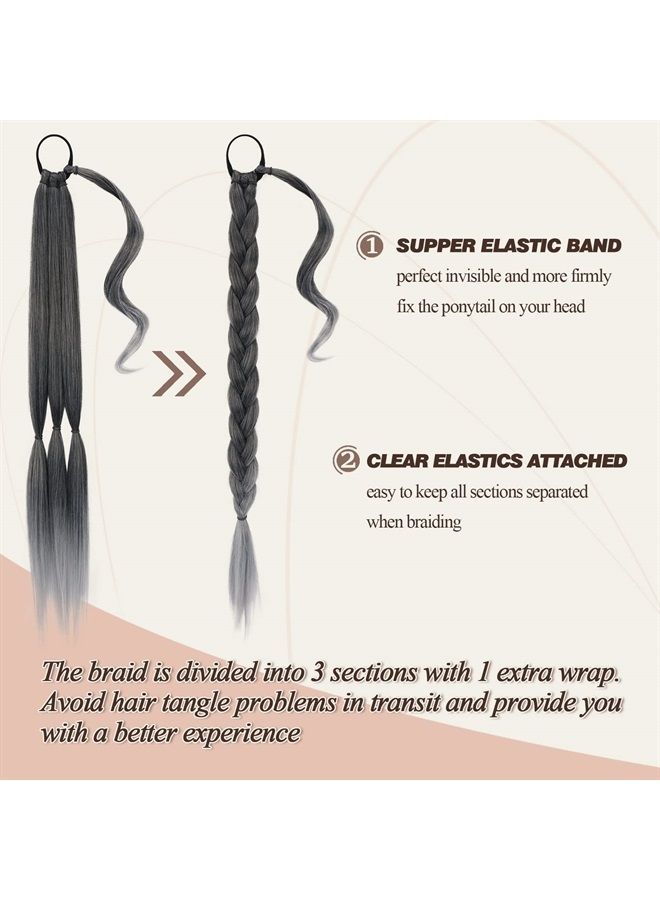 BARSDAR 30 Inch Long Braided Ponytail Extension with Hair Tie Straight Wrap Around Hair Extensions Pony Tail DIY Natural Soft Synthetic Hair Piece for Women Girls-Black Mixed Silver Grey -gradient - Image 1