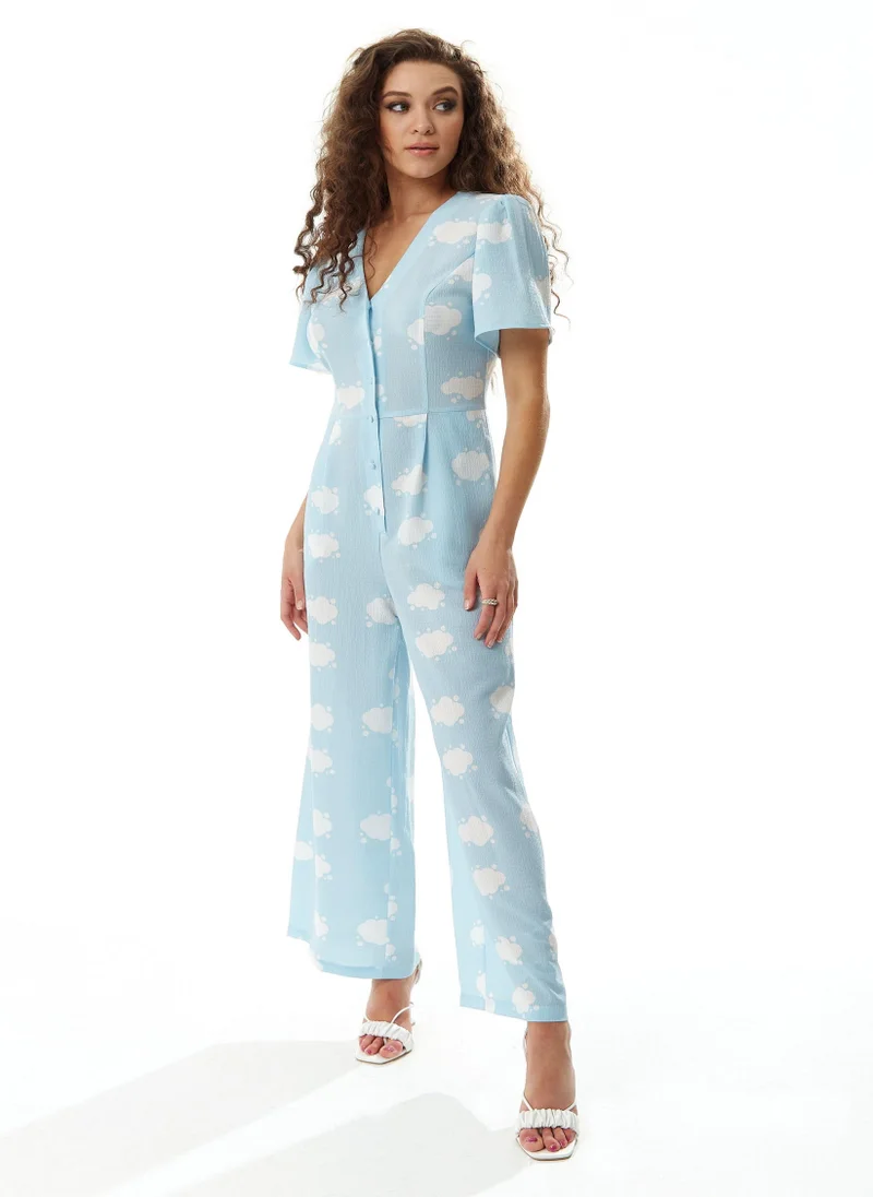 Liquorish Cloud Print Jumpsuit in Blue